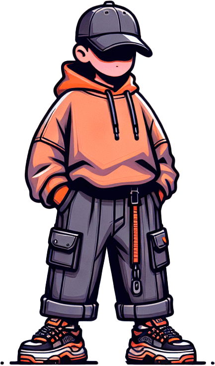 Stylowa postać w białej bluzie i pomarańczowych spodniach.