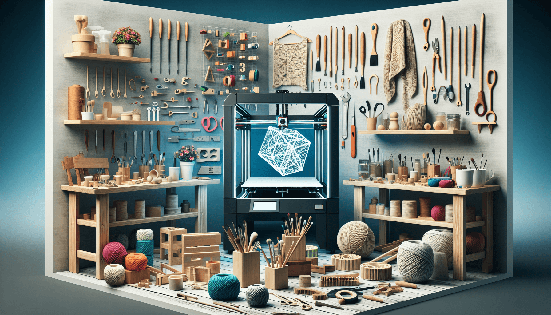 Warsztat z drukarką 3D i materiałami rzemieślniczymi