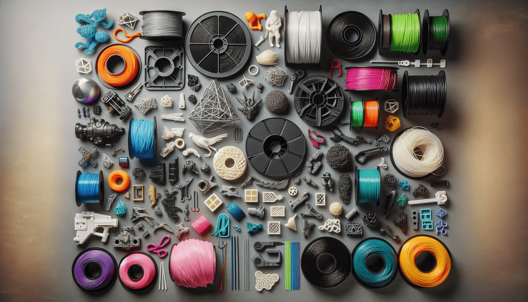 Kolorowe filamentu i obiekty druku 3D na stole.