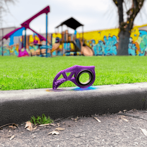 Fioletowy sprzęt przy placu zabaw, graffiti w tle