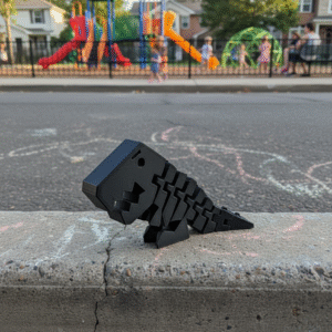 Czarny dinozaur z plastiku przy placu zabaw.